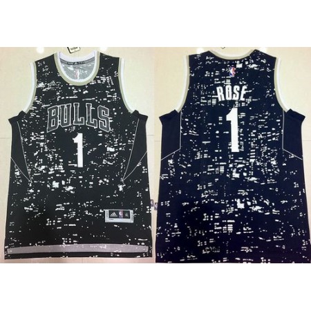 Bulls #1 Derrick Rose Black City Light Stitched NBA Jersey