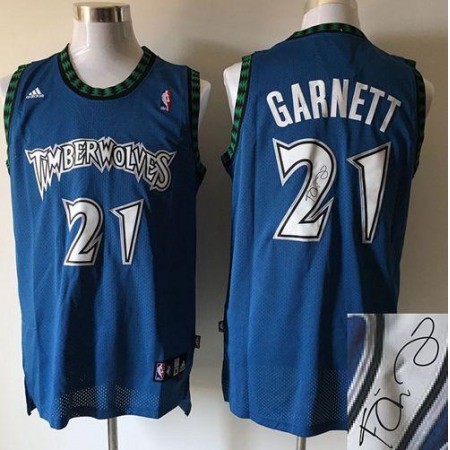 Timberwolves #21 Kevin Garnett Blue Autographed Stitched NBA Jersey