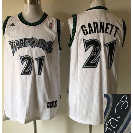 Timberwolves #21 Kevin Garnett White Autographed Stitched NBA Jersey